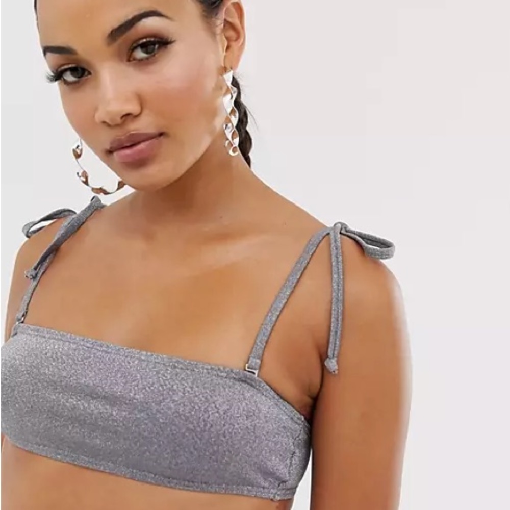 South Beach Exclusive glitter tie up crop bikini top in silver!